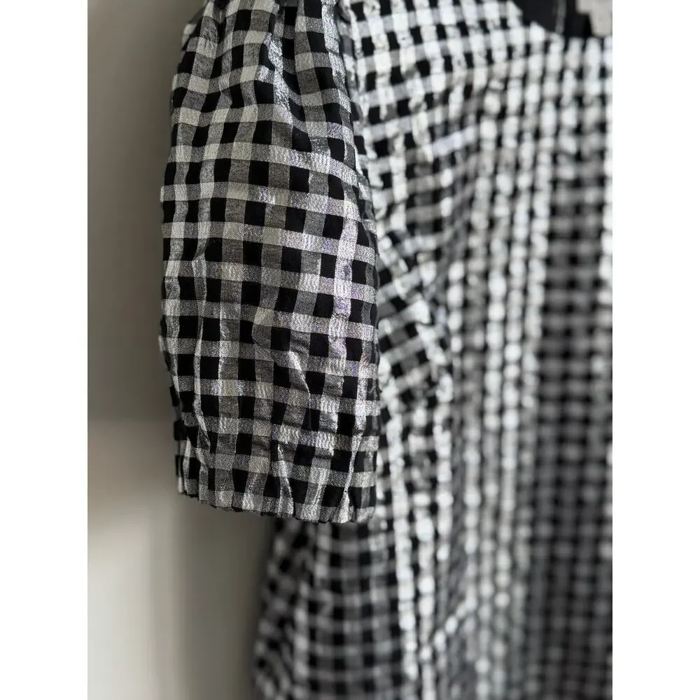 J. Crew Metallic Gingham Puff-Sleeve Blouse Top Black White Womens Size XXL NWT